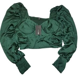 Fashion Nova So Tempting Blouse Hunter Green Puff Sleeve Smocked Crop Top 3X NWT